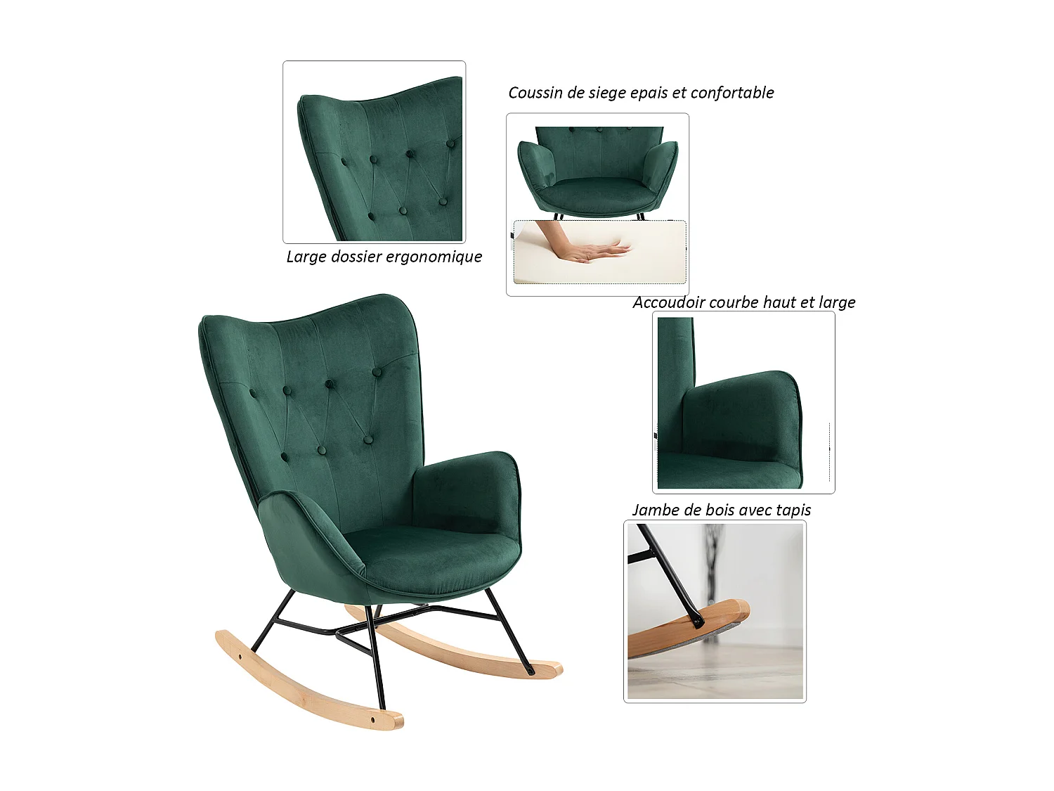MEUBLES COSY EPPING - Poltrona a dondolo stile scandinavo in velluto verde con schienale imbottito e gambe in legno massello