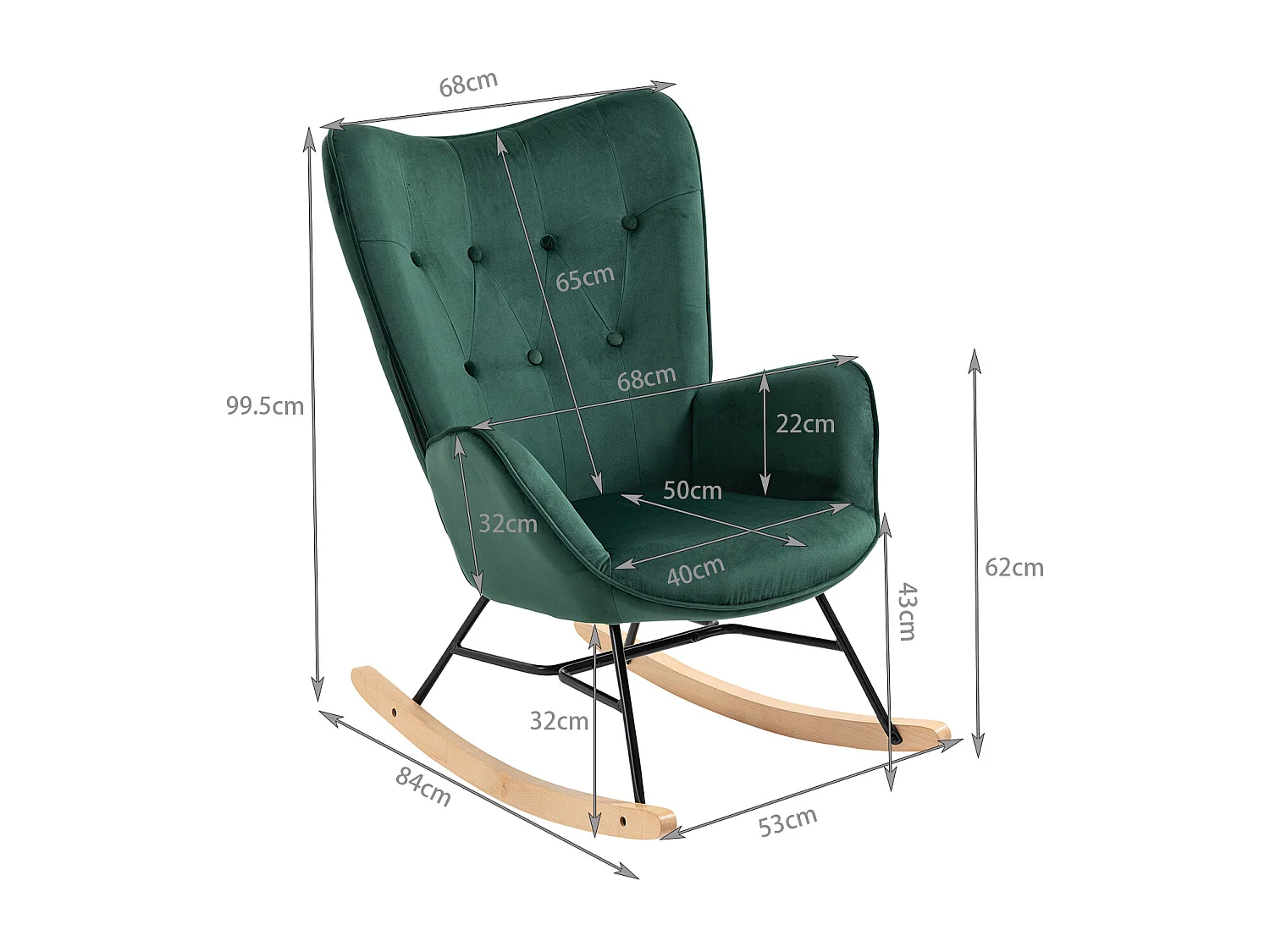 MEUBLES COSY EPPING - Poltrona a dondolo stile scandinavo in velluto verde con schienale imbottito e gambe in legno massello