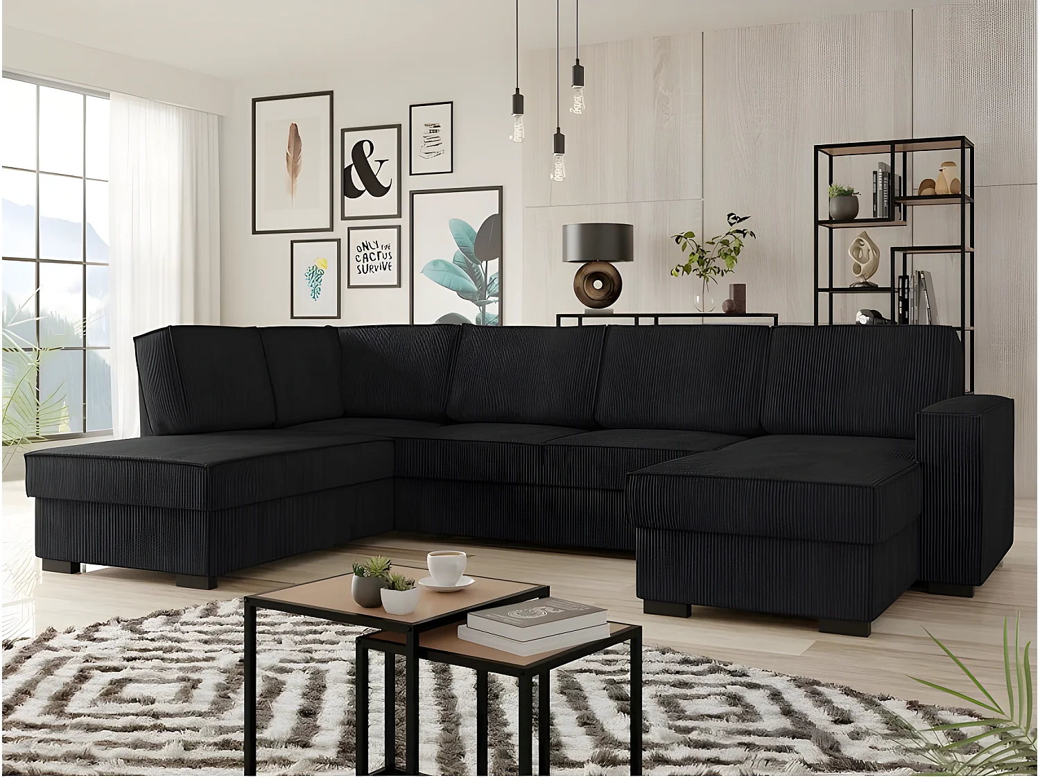 Canapé panoramique convertible BERY en velours côtelé noir