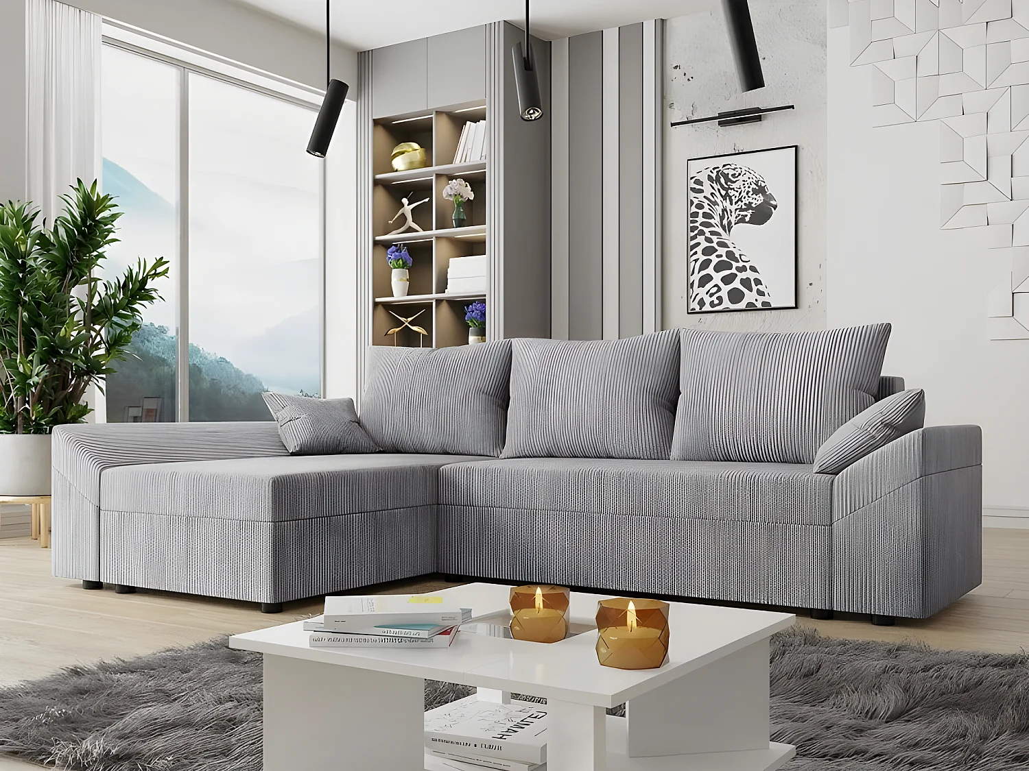 Canapé d'angle convertible DANY en velours côtelé gris