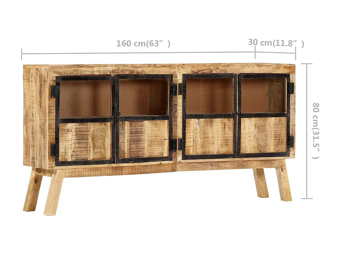 Aparador em mangueira maciça áspera 160x30x80 cm castanho/preto