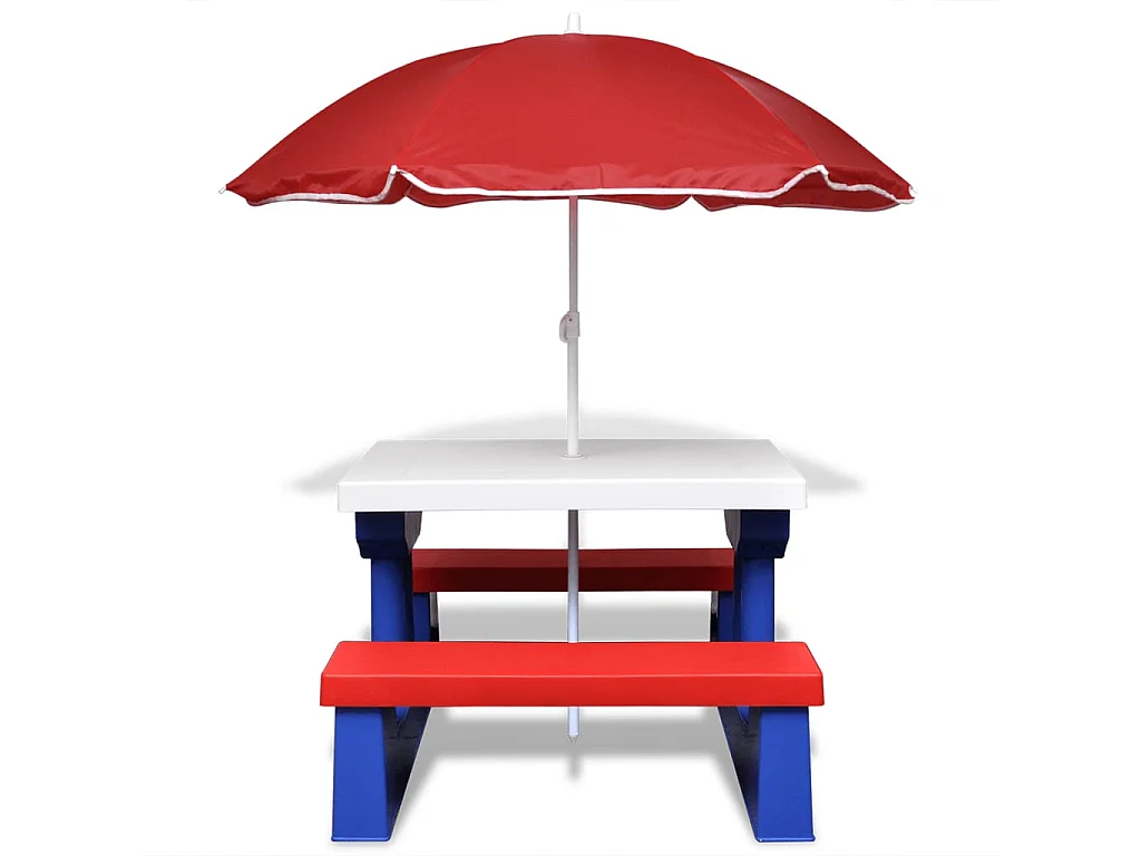 Mesa piquenique infantil + bancos/guarda-sol multicor