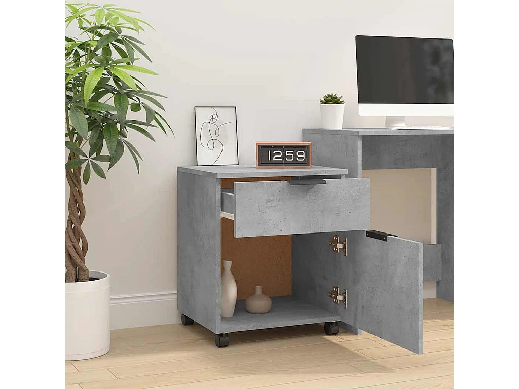 Schedario con Ruote Grigio Cemento 45x38x54cm Legno Multistrato