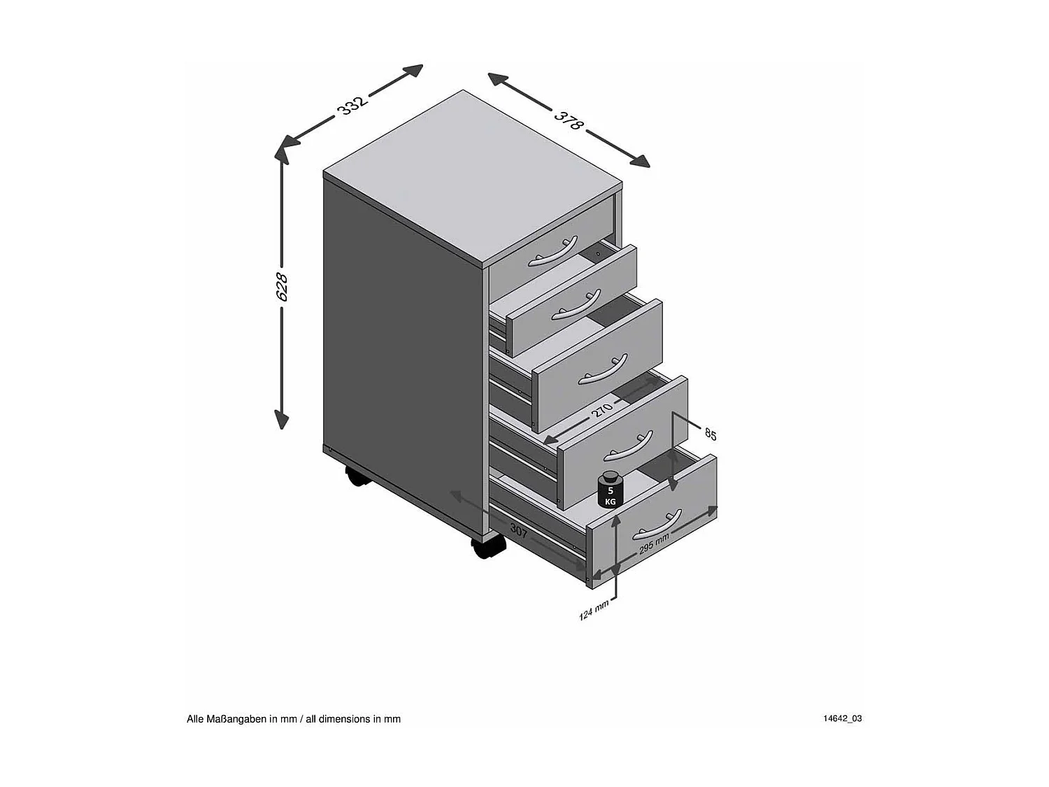 Caisson de Bureau 5 Tiroirs "Dydre" 63cm Blanc