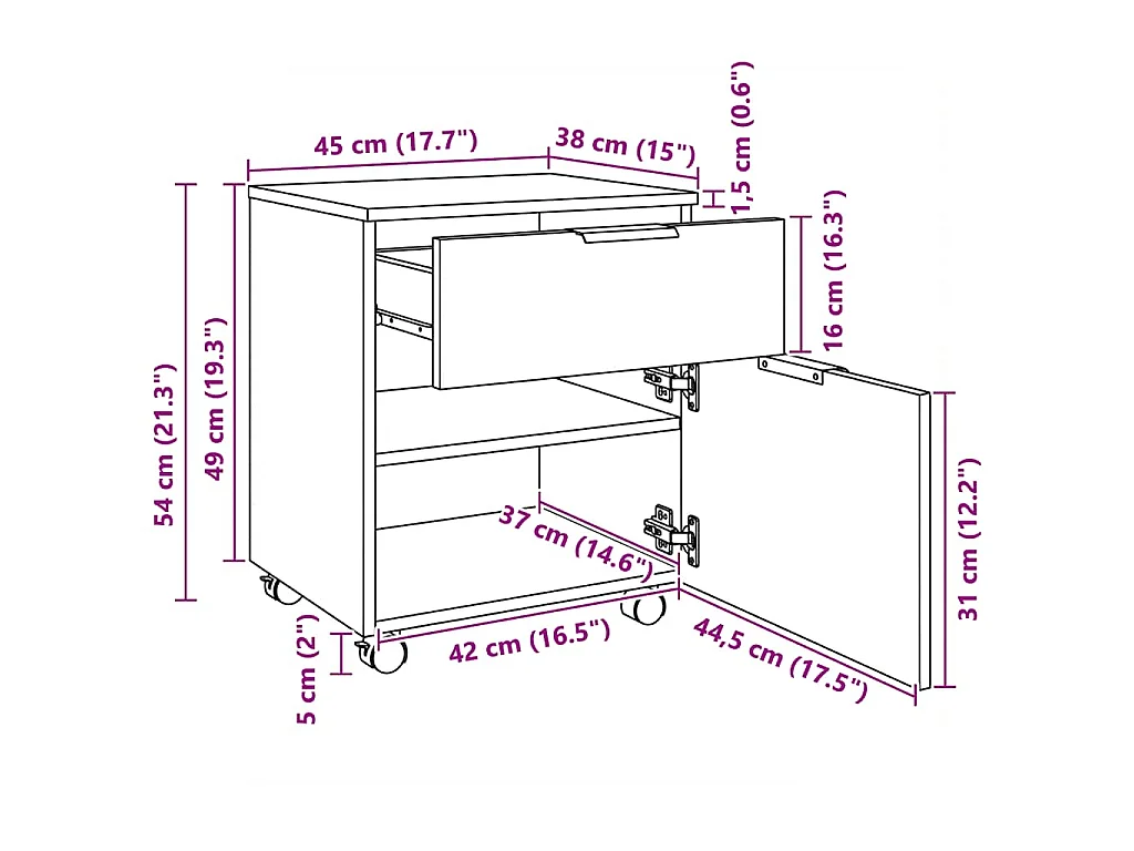 Dossierkast verrijdbaar 45x38x54 cm bewerkt hout grijs sonoma