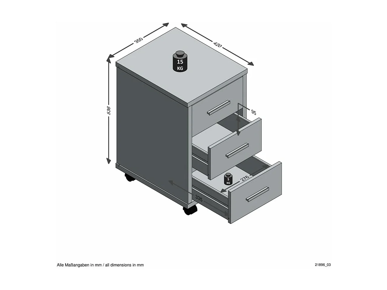 Caisson de Bureau 3 Tiroirs "Dylda" 58cm Gris