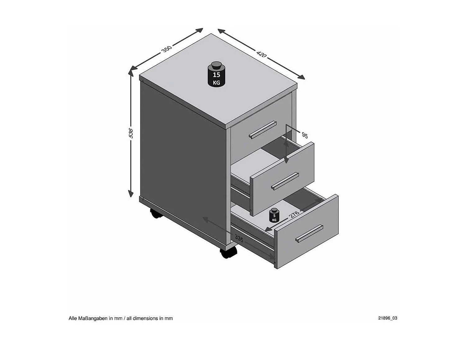 Caisson de Bureau 3 Tiroirs "Dylda" 58cm Gris