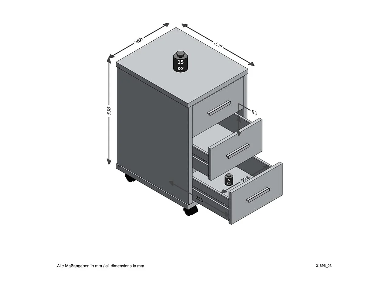 Caisson de Bureau 3 Tiroirs "Dylda" 58cm Gris