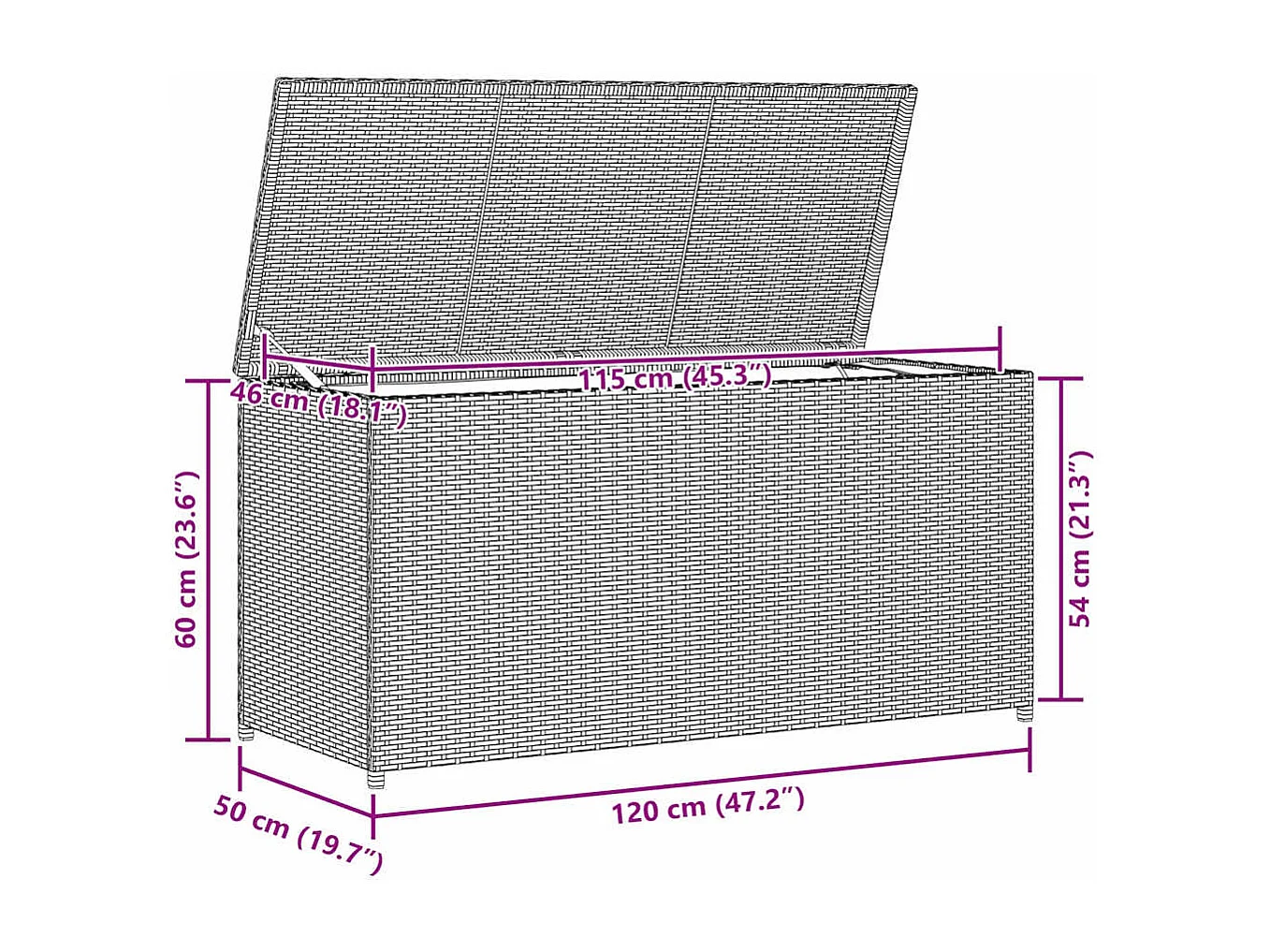 Boîte de rangement de jardin gris 120x50x60 cm résine tressée