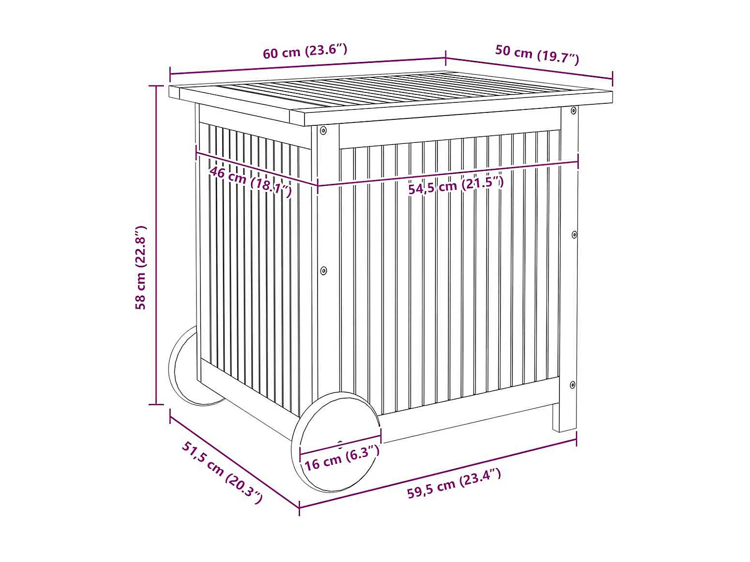 Gartentruhe mit Rollen 60x50x58 cm Massivholz Akazie