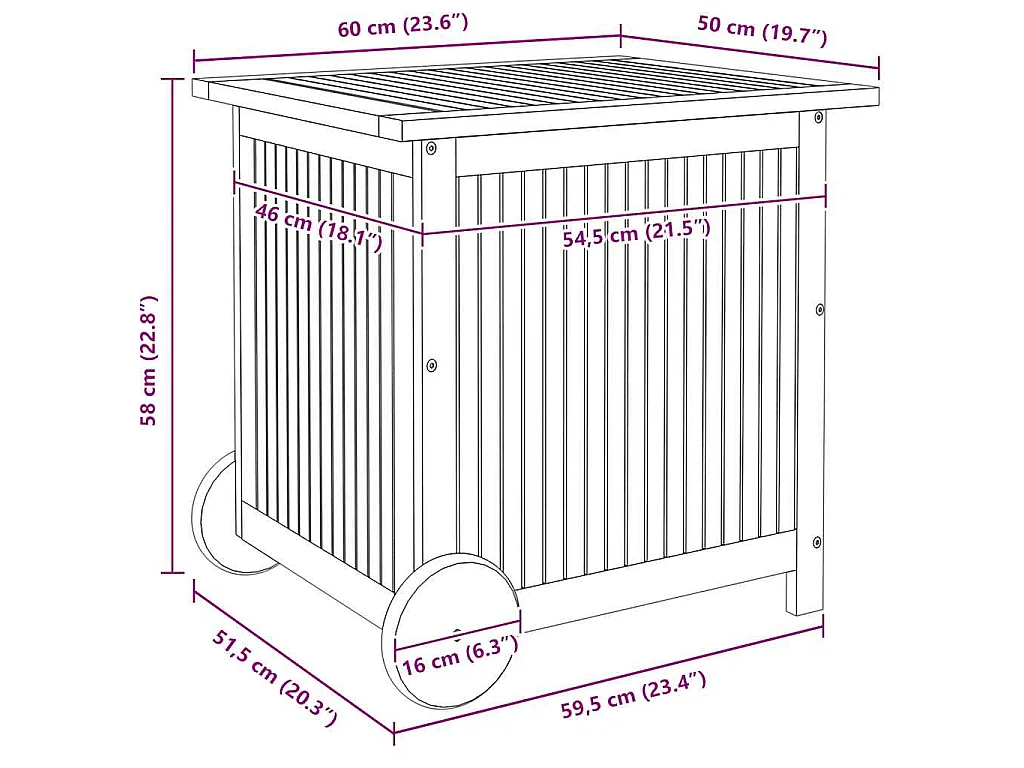 Caja de almacenaje de jardín ruedas acacia maciza 60x50x58 cm