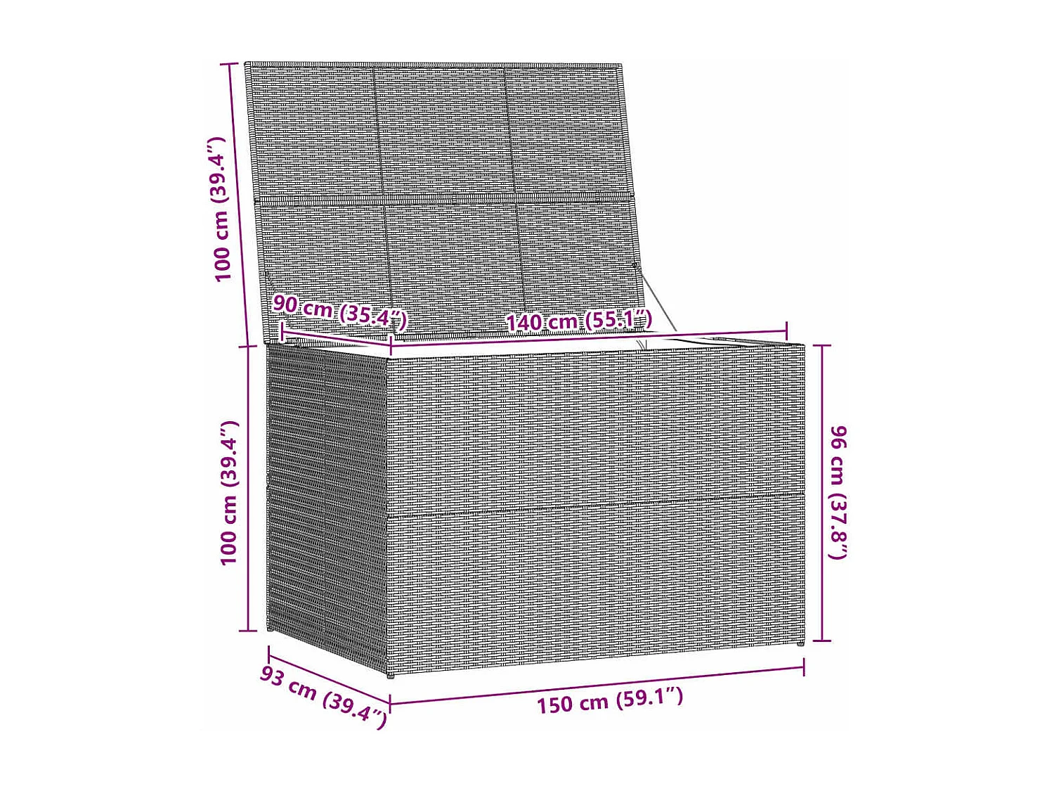 Boîte de rangement de jardin gris 150x100x100 cm résine tressée
