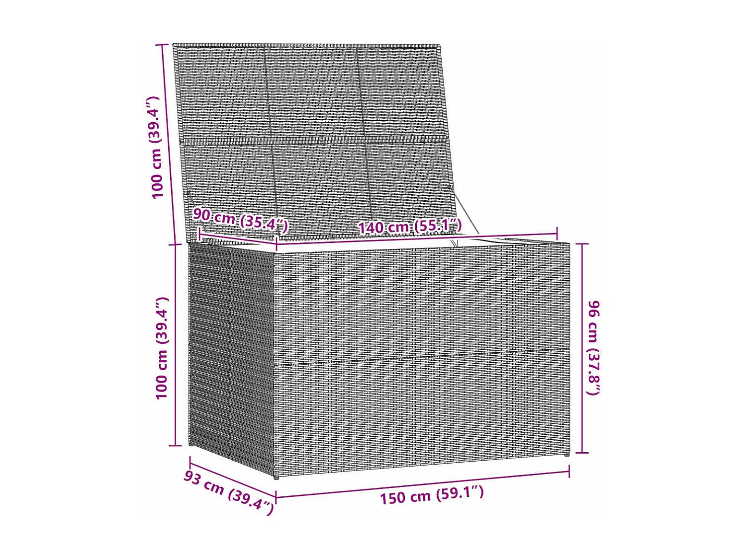 Boîte de rangement de jardin gris 150x100x100 cm résine tressée