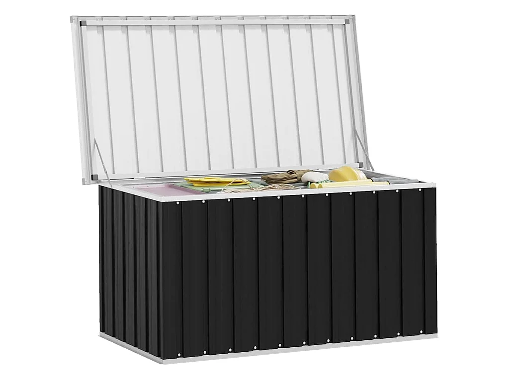 Skrzynia ogrodowa antracytowa 129x67x65 cm z wytrzymałej ocynkowanej stali, idealna na poduszki i narzędzia, ponadczasowy design