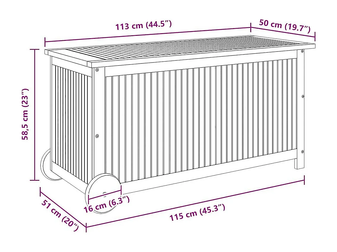 Caja de almacenaje de jardín ruedas acacia maciza 113x50x58 cm