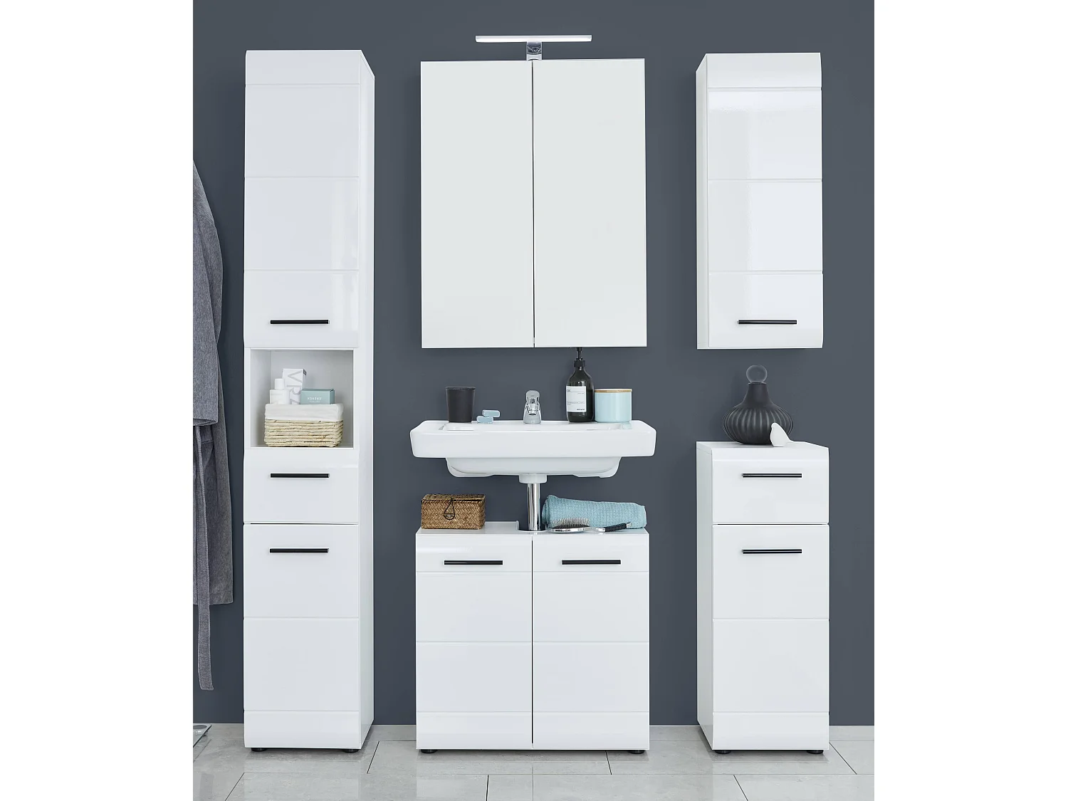 Badkameropberger 1 deur 1 lade in glanzend wit melamine Kinzo