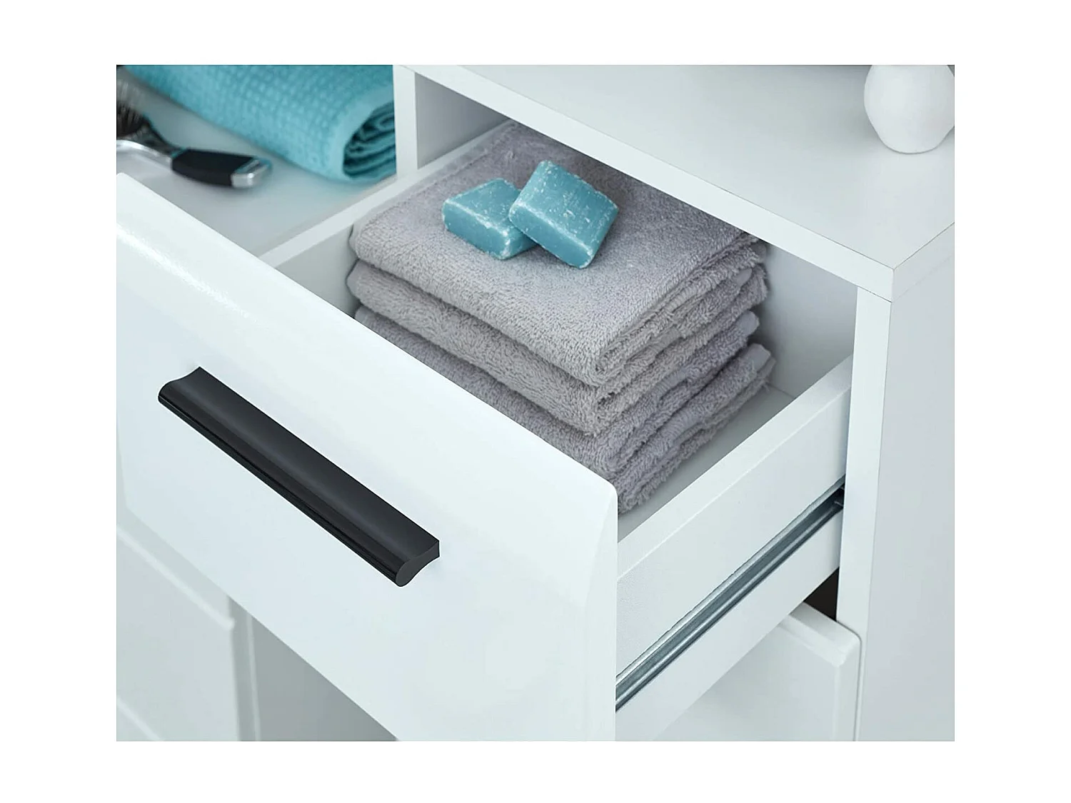 Badkameropberger 1 deur 1 lade in glanzend wit melamine Kinzo