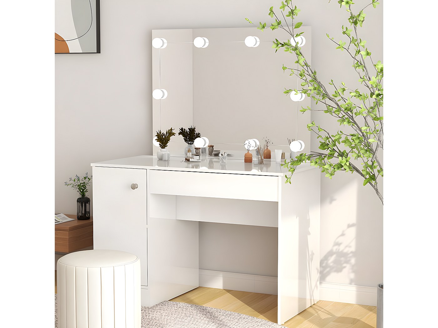 Vicco Coiffeuse blanc brillant/blanc 110cm avec miroir et banc