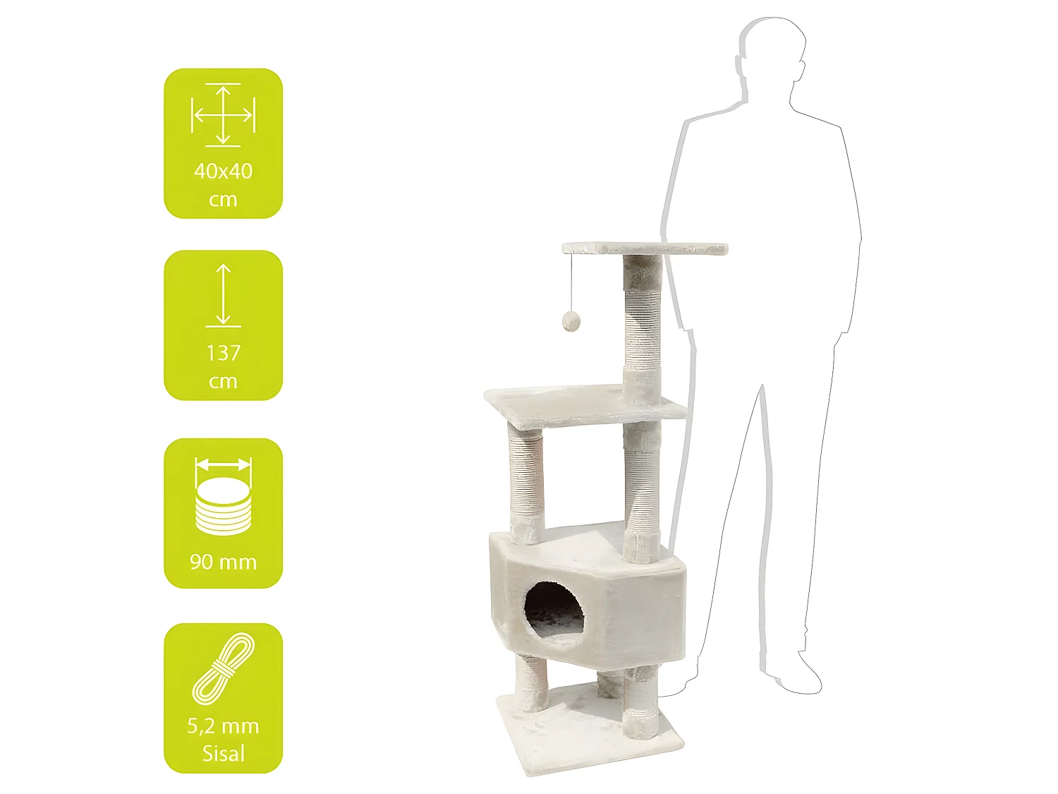 Arbre à chat classique Ioonaa 40x40x137 cm Crème