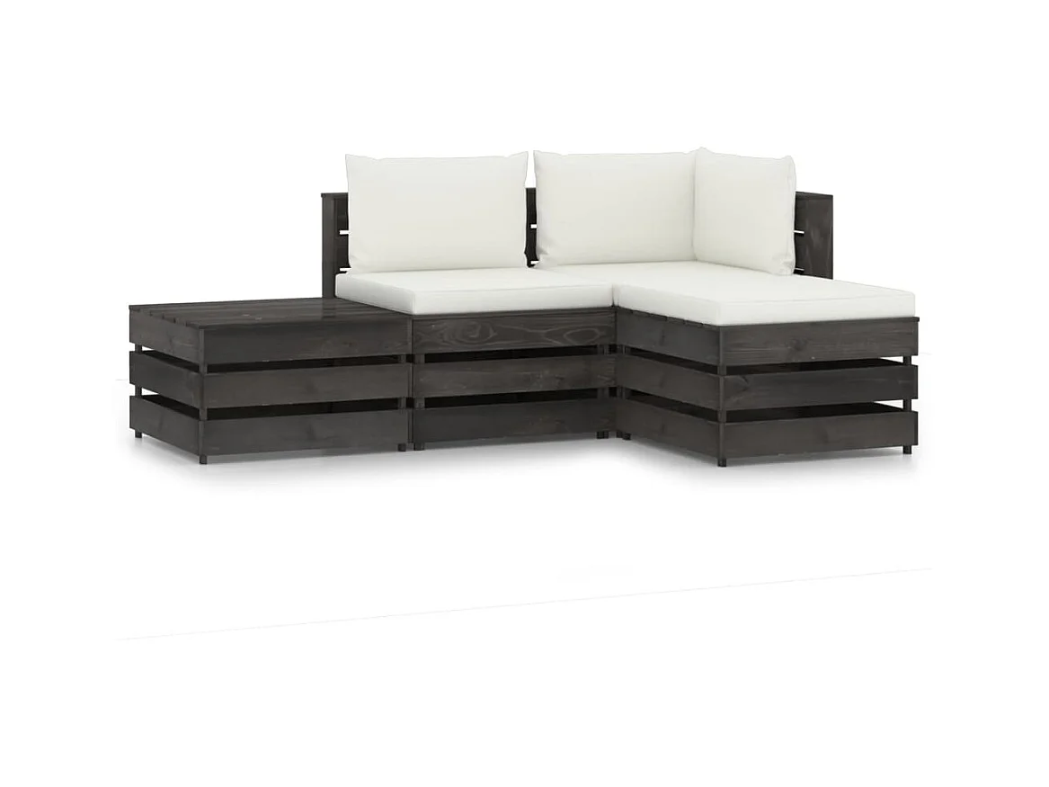 Salon de jardin 4 pcs avec coussins gris bois imprégné