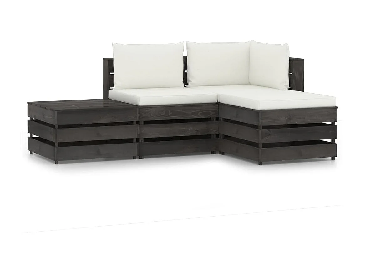 Salon de jardin 4 pcs avec coussins gris bois imprégné