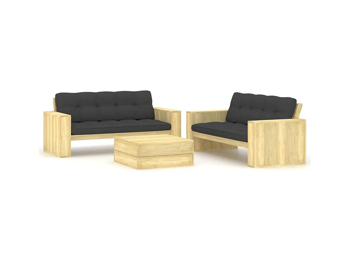 Salon de jardin 3 pcs avec coussins bois de pin imprégné