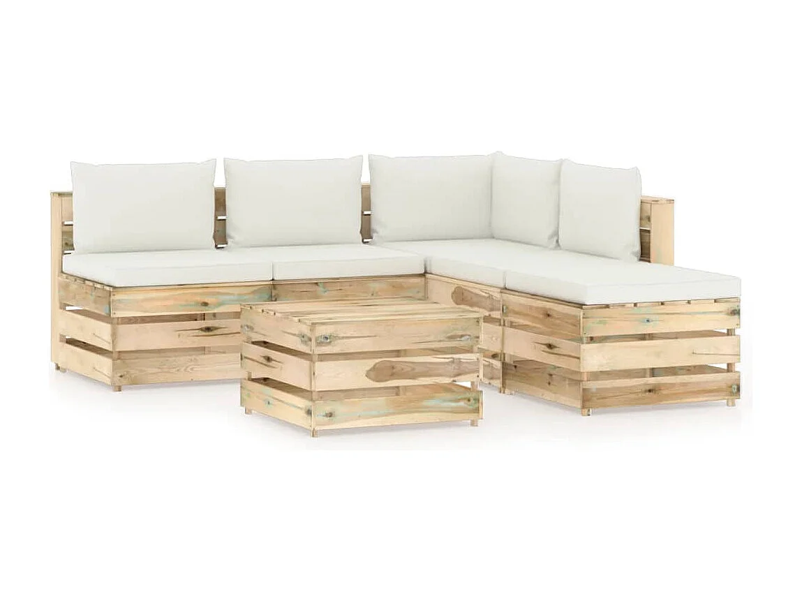 Salon de jardin 6 pcs avec coussins vert bois imprégné