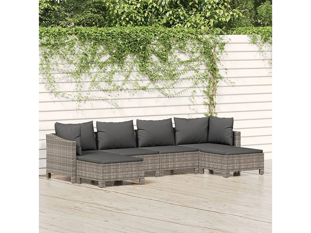 6-tlg. Garten-Lounge-Set mit Kissen Grau Poly Rattan