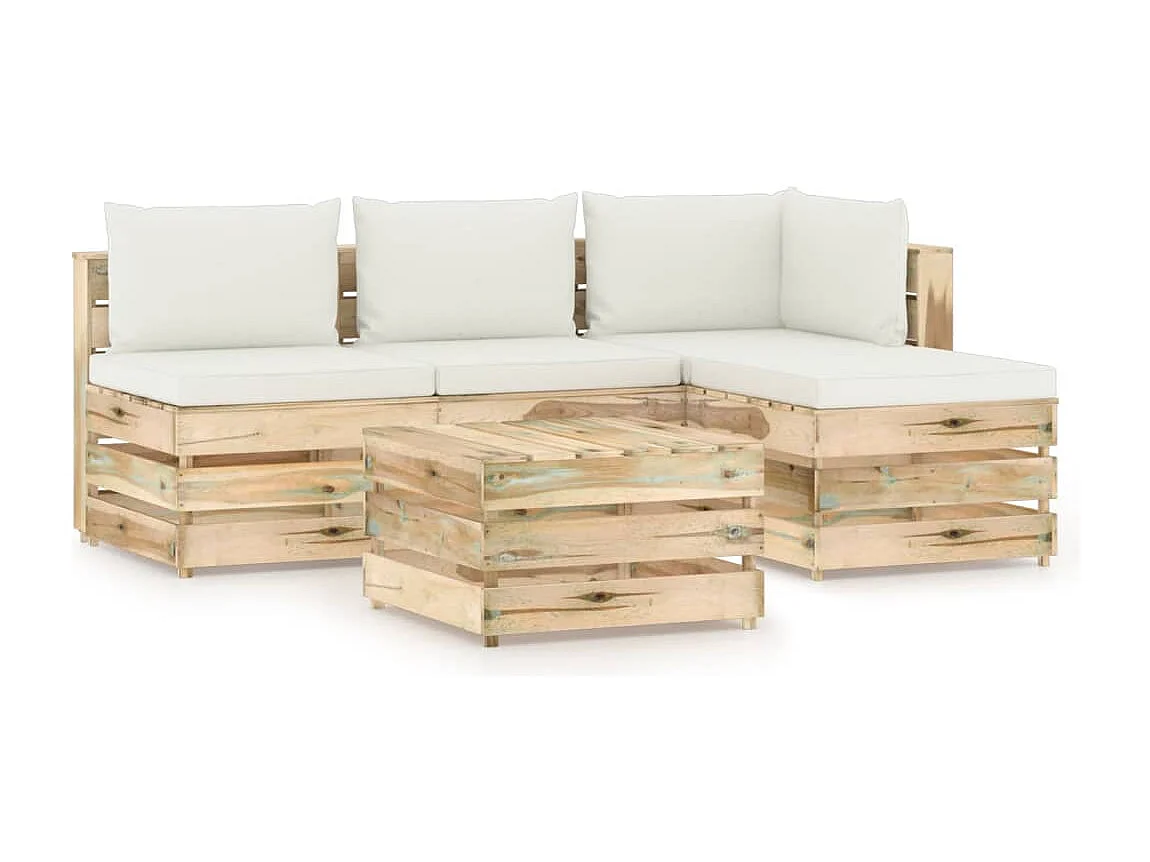 Salon de jardin 5 pcs avec coussins vert bois imprégné