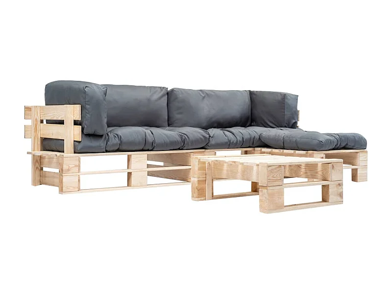 Salon de jardin palette 4 pcs avec coussins gris bois
