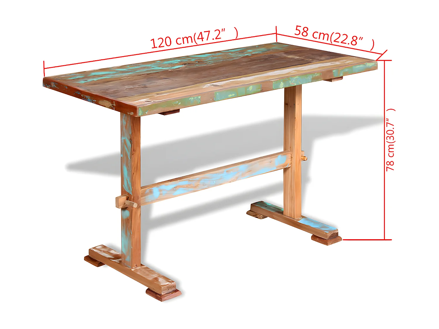Eettafel op voet 120x58x78 cm massief gerecycled hout