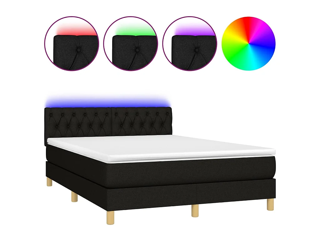 Cama box spring colchón y luces LED tela negro 140x190 cm