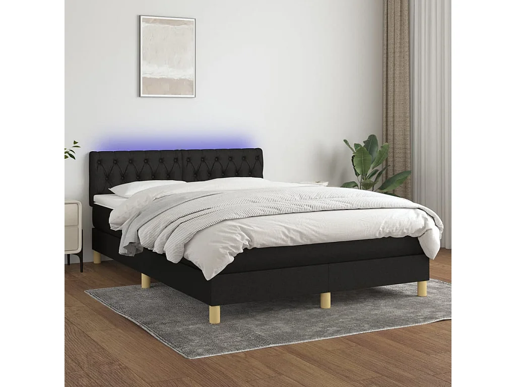 Cama box spring colchón y luces LED tela negro 140x190 cm