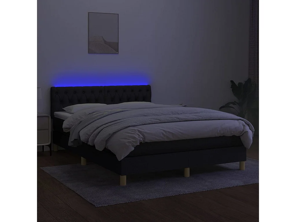 Cama box spring colchón y luces LED tela negro 140x190 cm