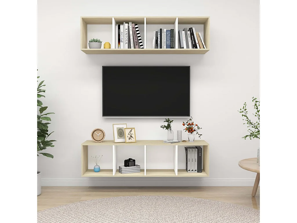 Meubles TV muraux 2 pcs Blanc et chêne sonoma Bois d'ingénierie