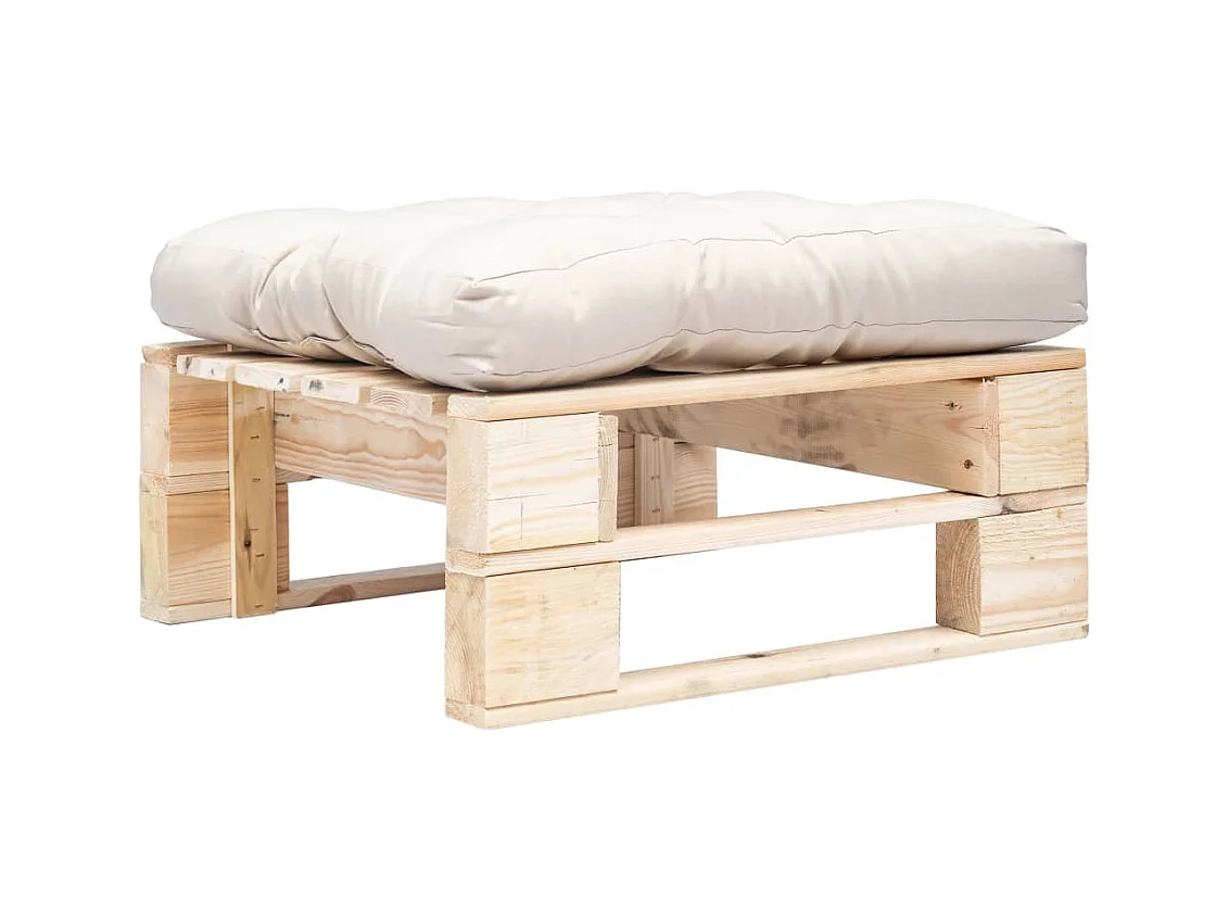 Tuinpoef met zandkleurig kussen pallet hout naturel