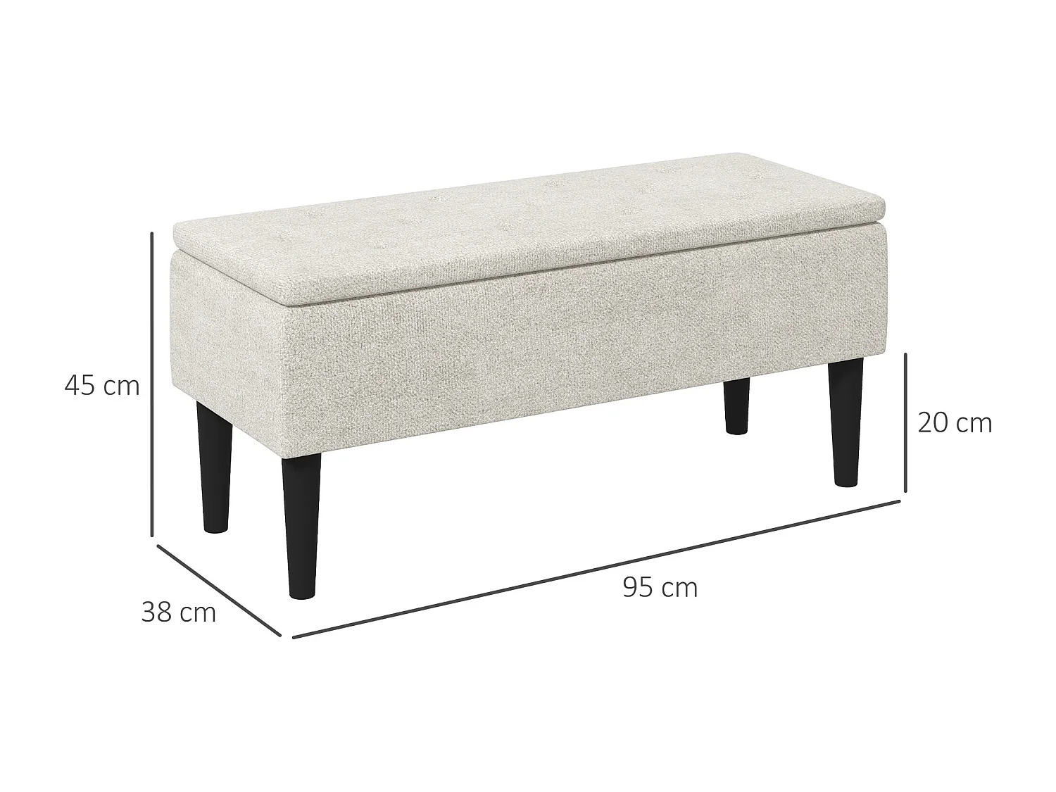 Banc coffre de rangement 2 en 1 dim. 95L x 38l x 45H cm piètement bois noir tissu blanc cassé