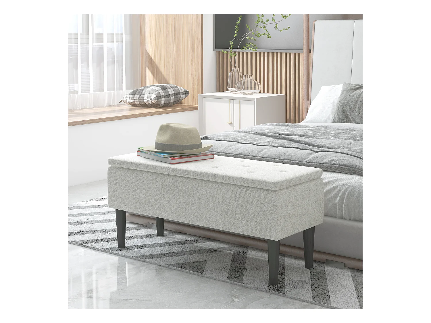 Banc coffre de rangement 2 en 1 dim. 95L x 38l x 45H cm piètement bois noir tissu blanc cassé