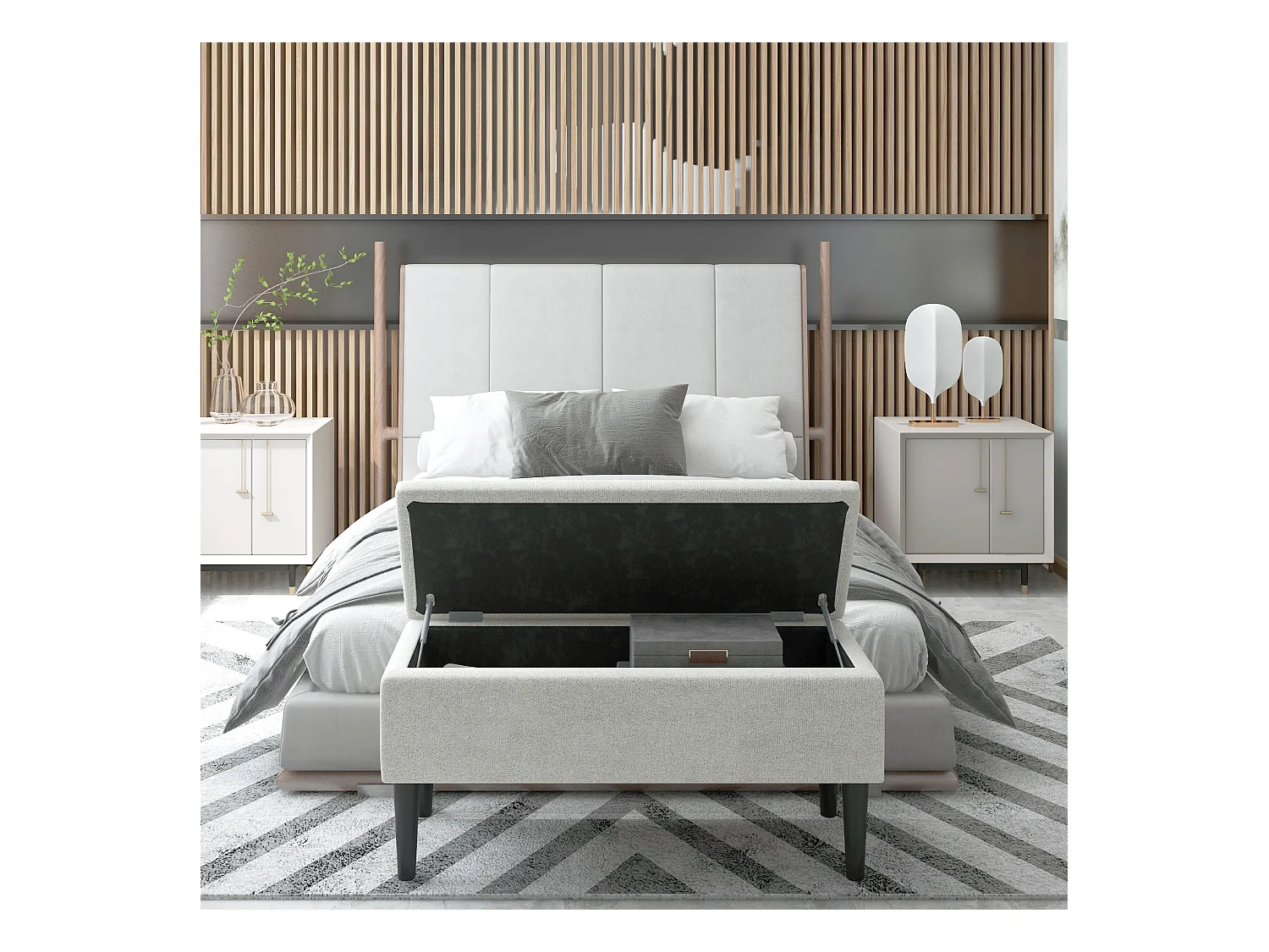 Banc coffre de rangement 2 en 1 dim. 95L x 38l x 45H cm piètement bois noir tissu blanc cassé