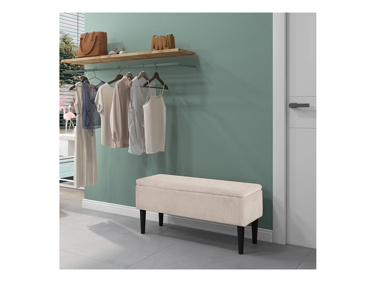 Banc coffre de rangement 2 en 1 dim. 95L x 38l x 45H cm piètement bois noir tissu blanc cassé