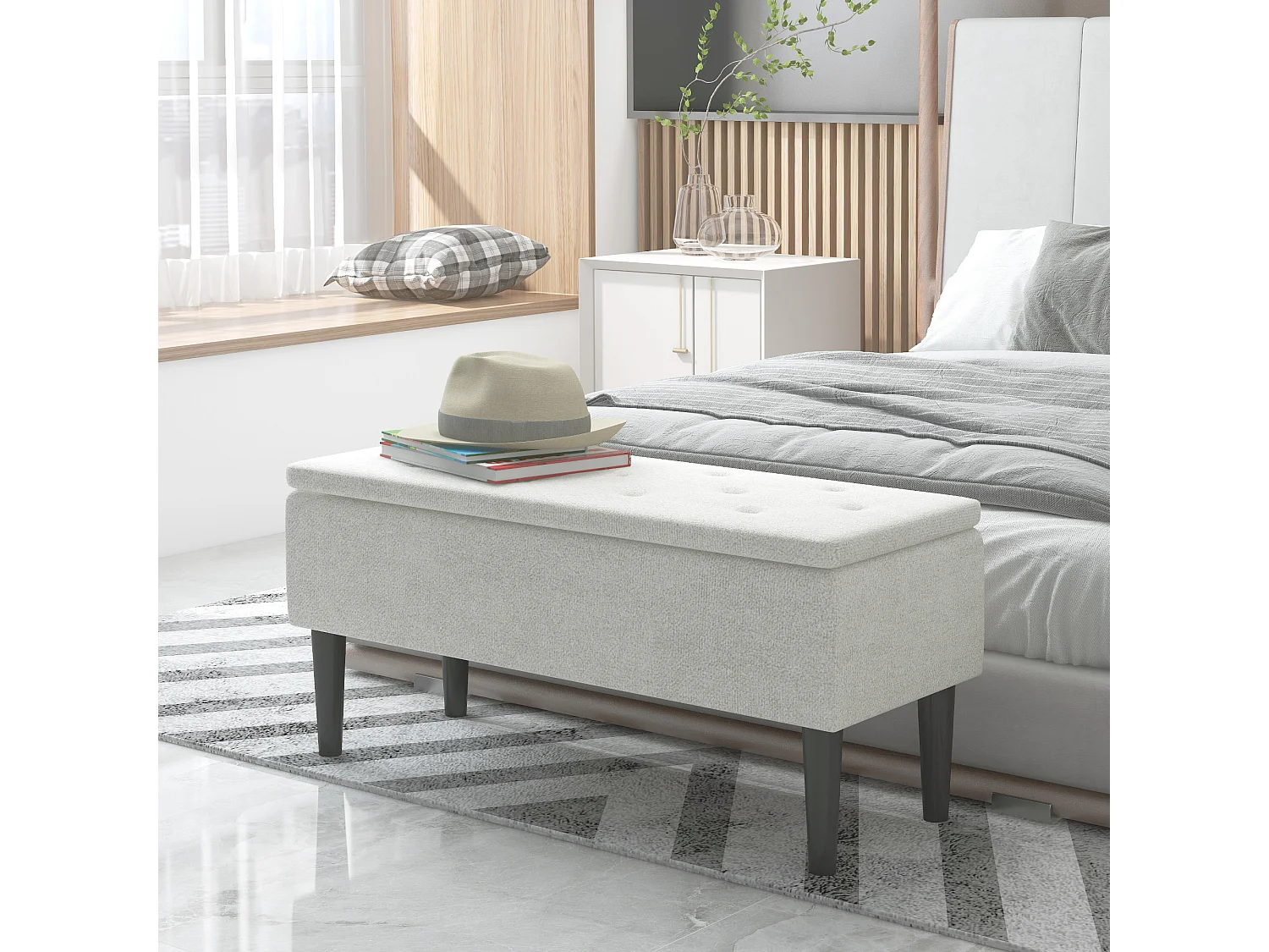 Banc coffre de rangement 2 en 1 dim. 95L x 38l x 45H cm piètement bois noir tissu blanc cassé