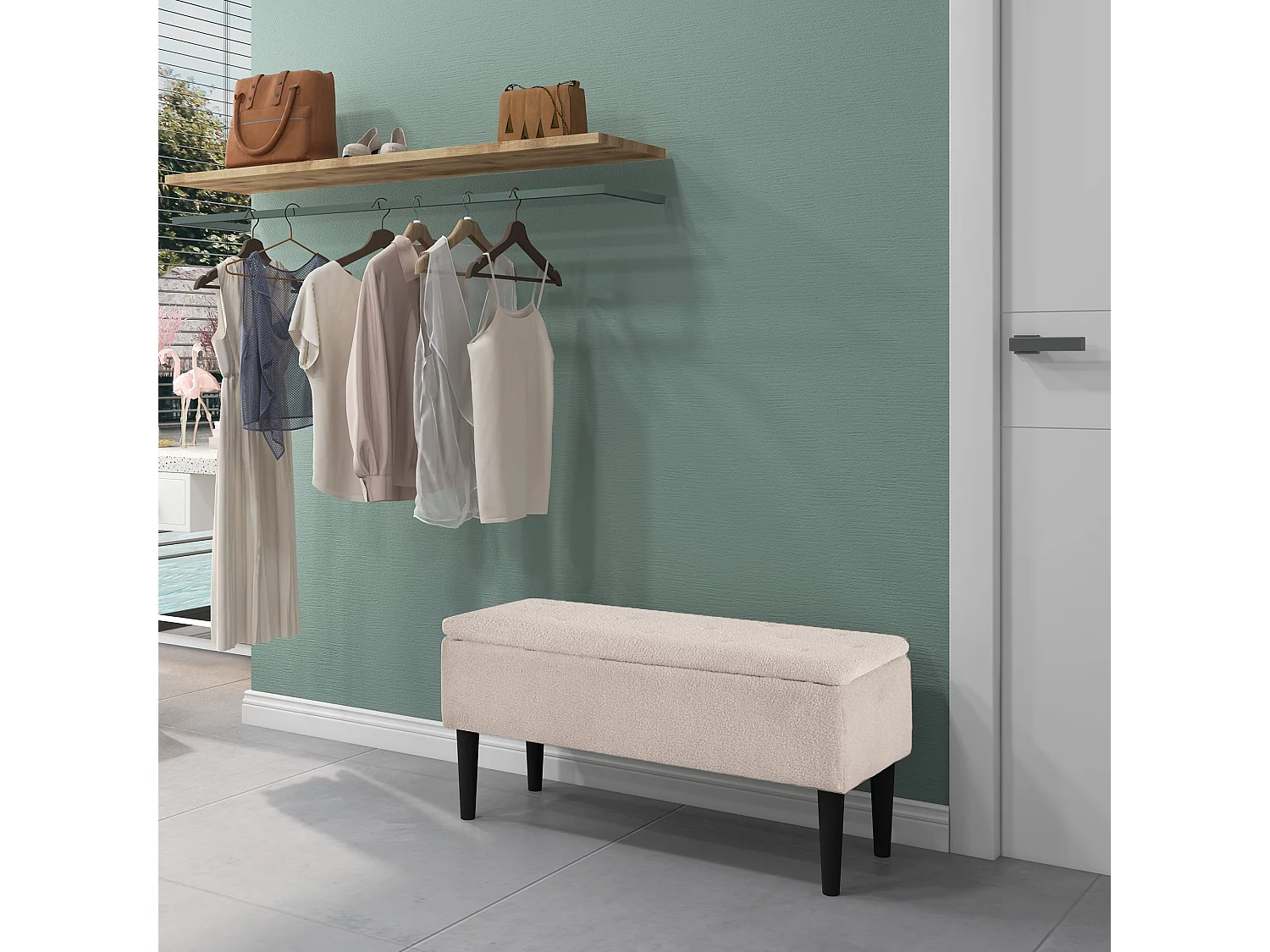 Banc coffre de rangement 2 en 1 dim. 95L x 38l x 45H cm piètement bois noir tissu blanc cassé