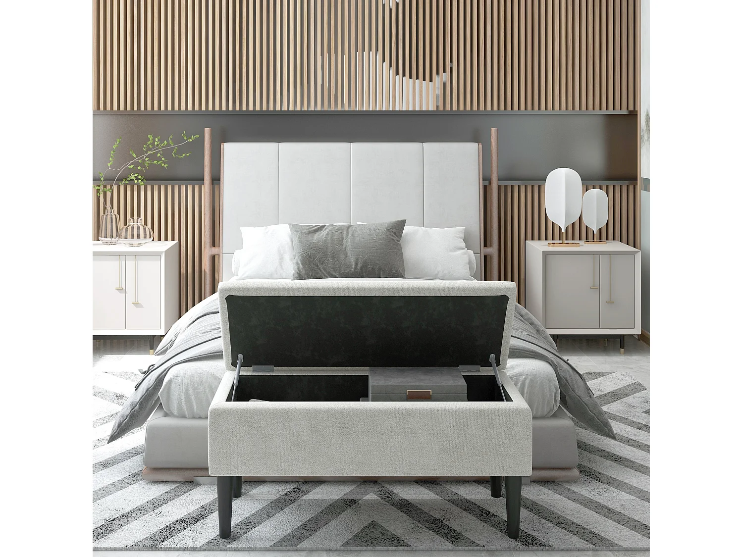 Banc coffre de rangement 2 en 1 dim. 95L x 38l x 45H cm piètement bois noir tissu blanc cassé