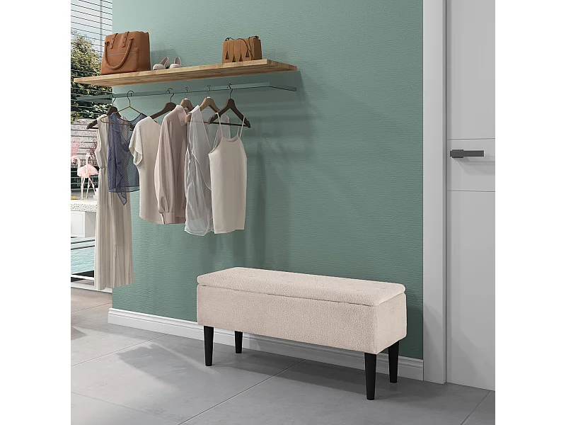 Banc coffre de rangement 2 en 1 dim. 95L x 38l x 45H cm piètement bois noir tissu blanc cassé