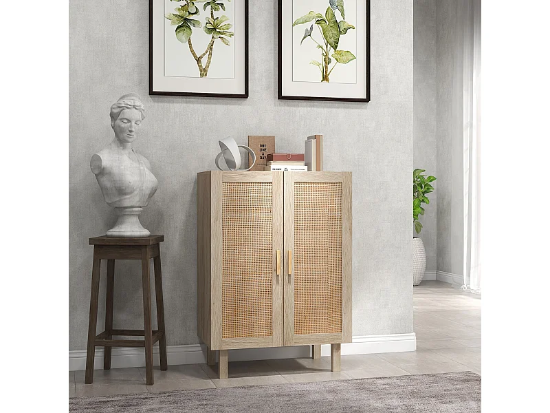 Buffet 2 portes 2 étagères réglables style bohème chic cannage en rotin panneaux aspect bois clair