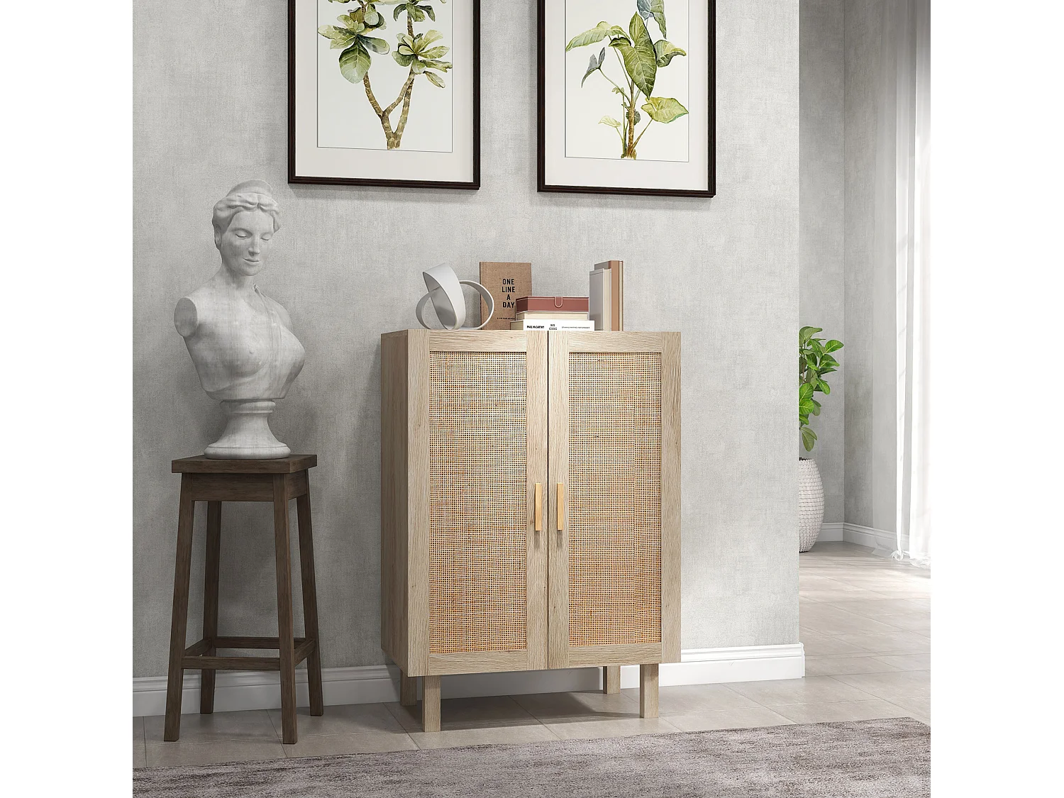 Buffet 2 portes 2 étagères réglables style bohème chic cannage en rotin panneaux aspect bois clair