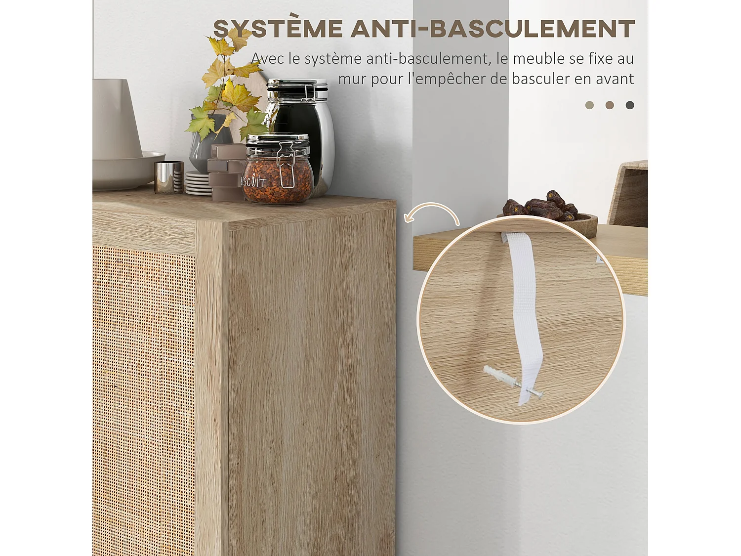 Buffet 2 portes 2 étagères réglables style bohème chic cannage en rotin panneaux aspect bois clair