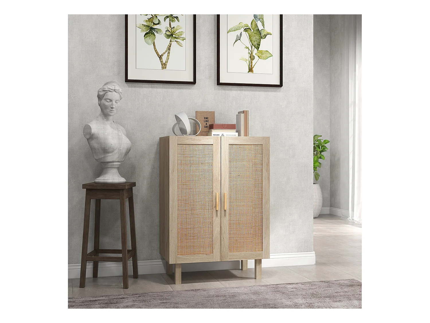 Buffet 2 portes 2 étagères réglables style bohème chic cannage en rotin panneaux aspect bois clair