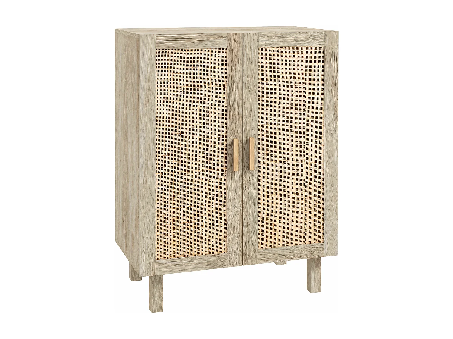 Buffet 2 portes 2 étagères réglables style bohème chic cannage en rotin panneaux aspect bois clair