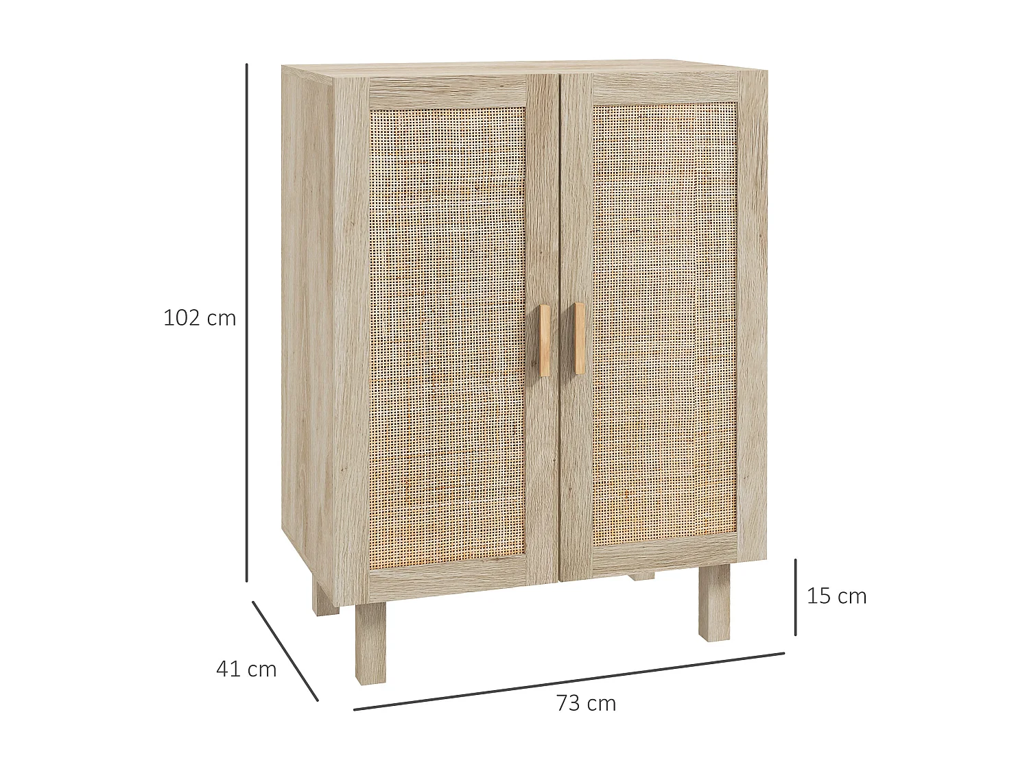 Buffet 2 portes 2 étagères réglables style bohème chic cannage en rotin panneaux aspect bois clair